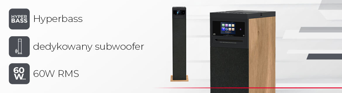 Obraz przedstawia dwa głośniki w kolorze czarno-brązowym, z wyświetlaczem na jednym z nich. Po lewej stronie widoczne są ikony i tekst: \'Hyperbass\', \'dedykowany subwoofer\', \'60W RMS\'.