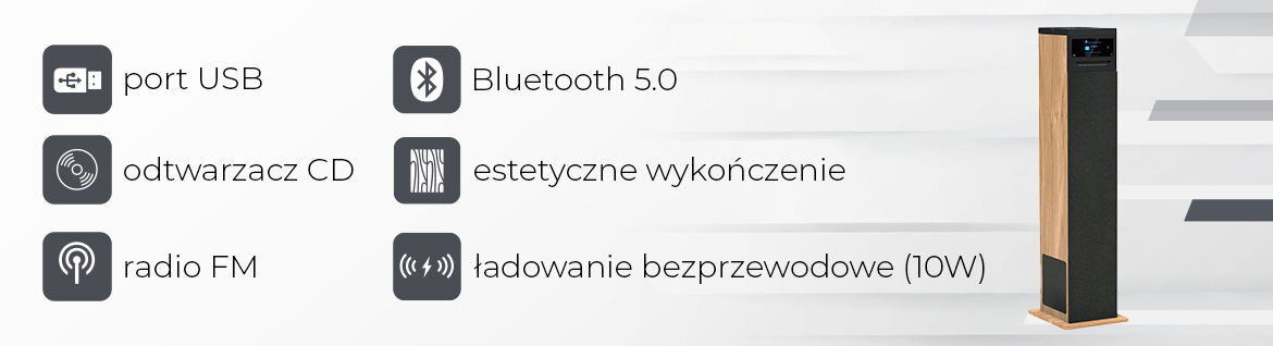 Obraz przedstawia czarno-brązowy głośnik z funkcjami: port USB, odtwarzacz CD, radio FM, Bluetooth 5.0, estetyczne wykończenie i ładowanie bezprzewodowe (10W).
