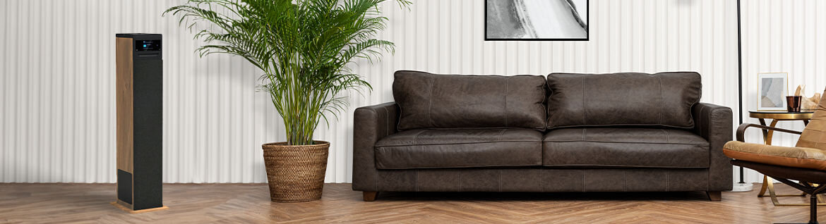 Wnętrze pokoju z ciemną, skórzaną sofą, obok której stoi duża roślina w doniczce. Po lewej stronie znajduje się czarno-brązowy głośnik kolumnowy.