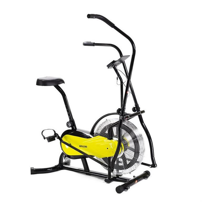 Rower powietrzny z czarną ramą i żółtym panelem oznaczonym \'MP6590\'. Posiada duże koło z przodu oraz siodełko i uchwyty do ćwiczeń.