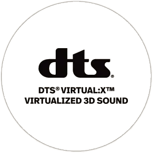 Logo z napisem \'dts\' oraz tekstem \'DTS® VIRTUAL:X™ VIRTUALIZED 3D SOUND\'.