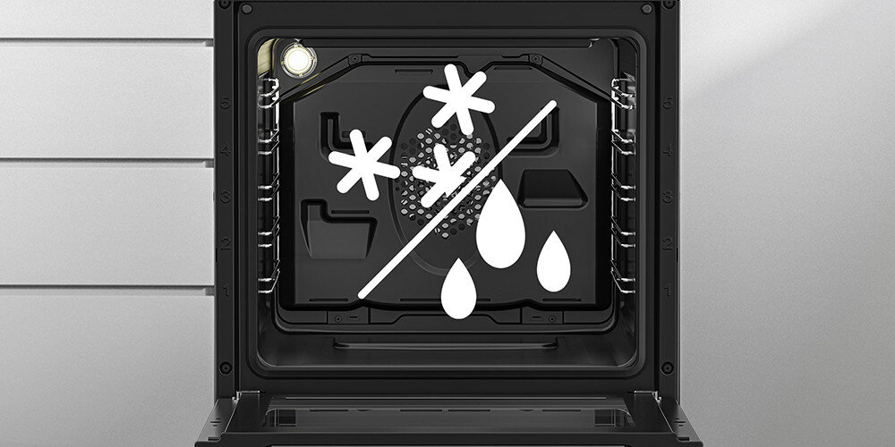 Wnętrze piekarnika z symbolem przedstawiającym dwie gwiazdki, linię ukośną i trzy krople wody. W lewym górnym rogu znajduje się źródło światła.