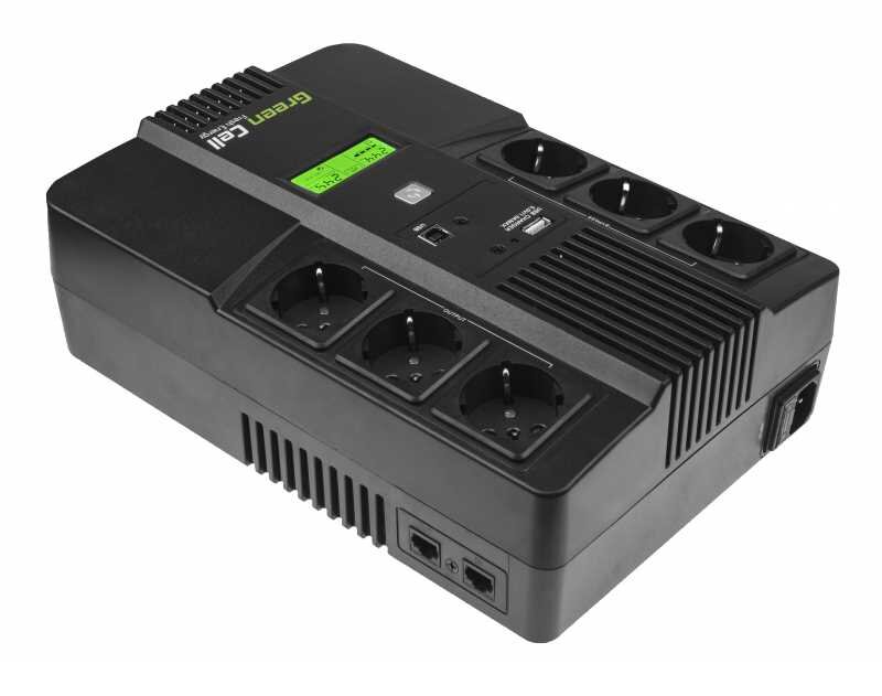 Czarny zasilacz UPS z sześcioma gniazdami elektrycznymi i wyświetlaczem LCD. Na obudowie widoczne jest logo \'Green Cell\'.