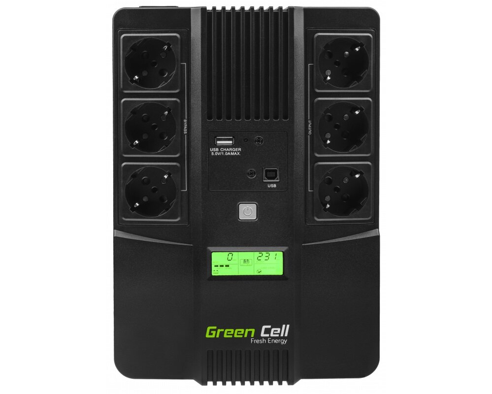 Zasilacz UPS z sześcioma gniazdami, wyświetlaczem LCD i logo \'Green Cell Fresh Energy\'. Widoczny jest port USB oraz napis \'USB CHARGER 5.0V/1.0A MAX\'.