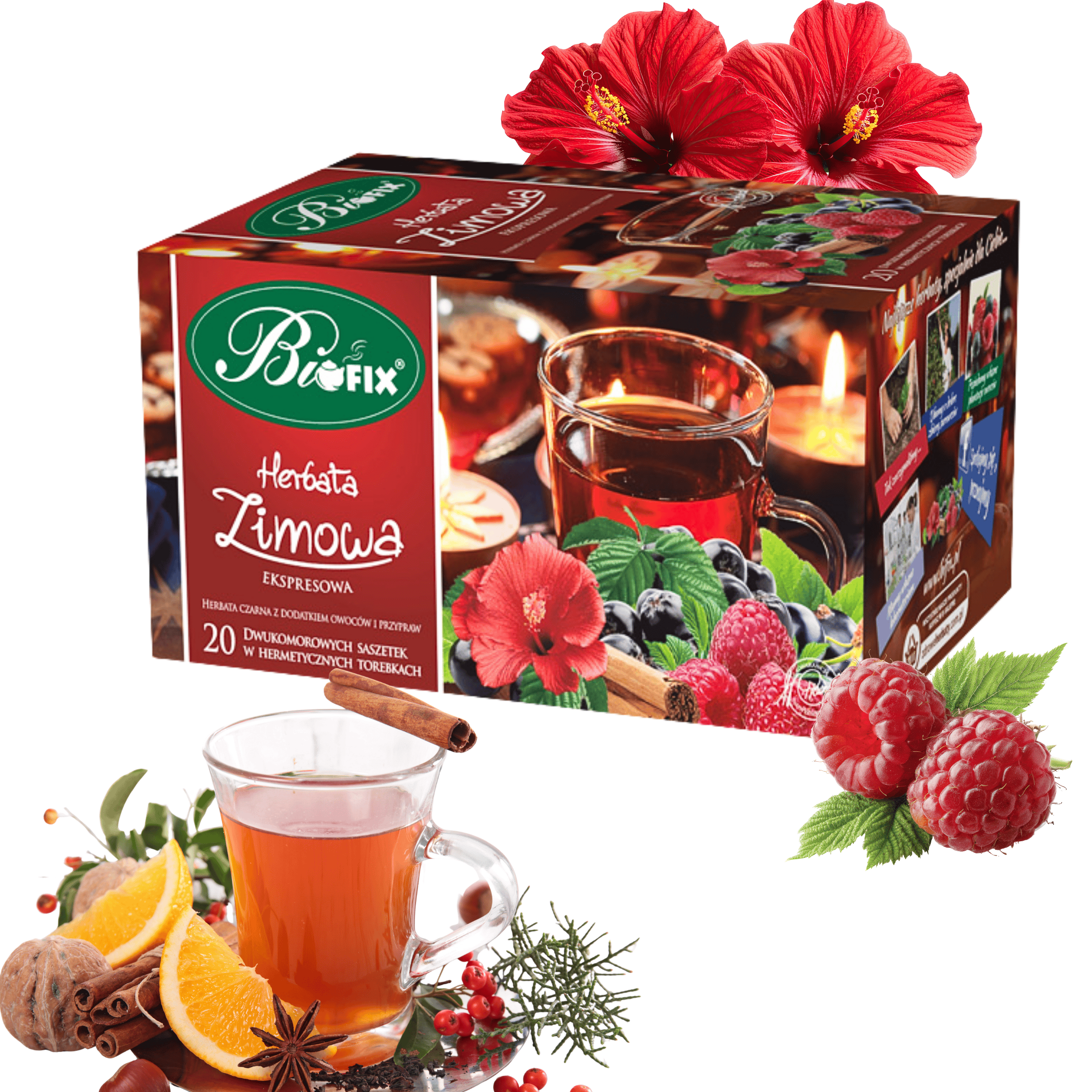Opakowanie herbaty Bifix Herbata Zimowa Ekspresowa z widocznymi owocami i przyprawami oraz szklanka herbaty z laską cynamonu. Na opakowaniu napis: \'20 dwukomorowych saszetek w hermetycznych torebkach\'.