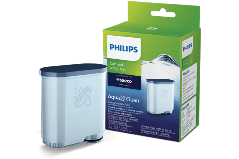Na obrazie widoczny jest filtr wody z logo PHILIPS oraz opakowanie z napisem \'Calc and water filter\'.