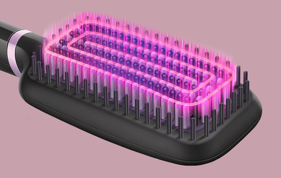 Czarna szczotka prostująca z widocznymi różowymi elementami grzewczymi w kształcie prostokąta. Szczotka ma wiele krótkich, ciemnych ząbków.