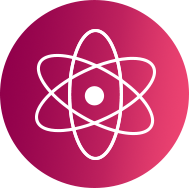 Ikona przedstawia biały symbol atomu na różowym tle.