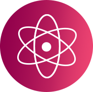 Ikona przedstawia biały symbol atomu na różowym tle.