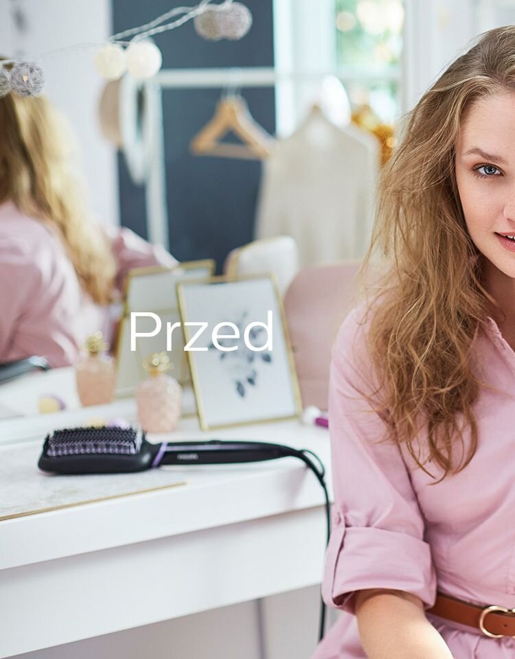 Na toaletce leży szczotka prostująca z widocznym logo PHILIPS. Obok znajduje się napis \'Przed\'.