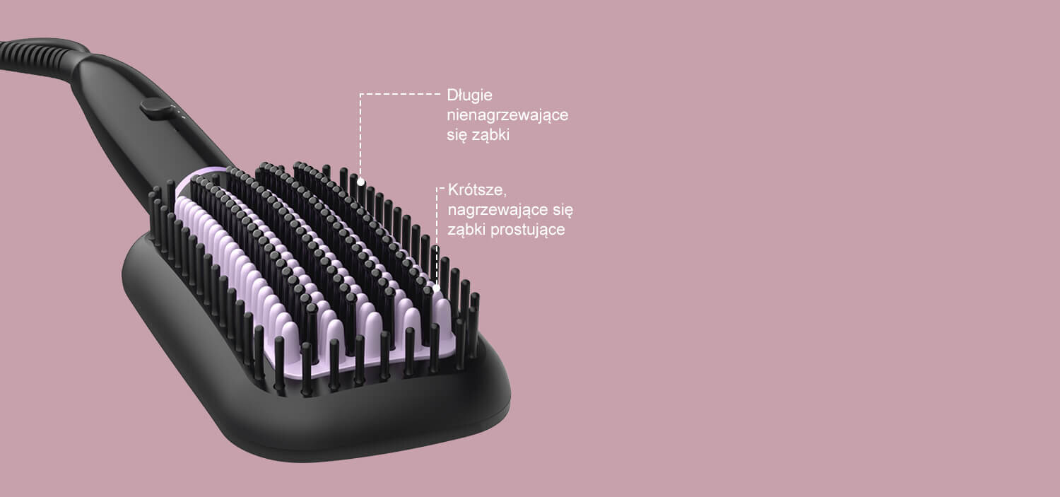 Obraz przedstawia szczotkę prostującą z długimi nie nagrzewającymi się ząbkami oraz krótszymi nagrzewającymi się ząbkami prostującymi. Tło jest w kolorze różowym.