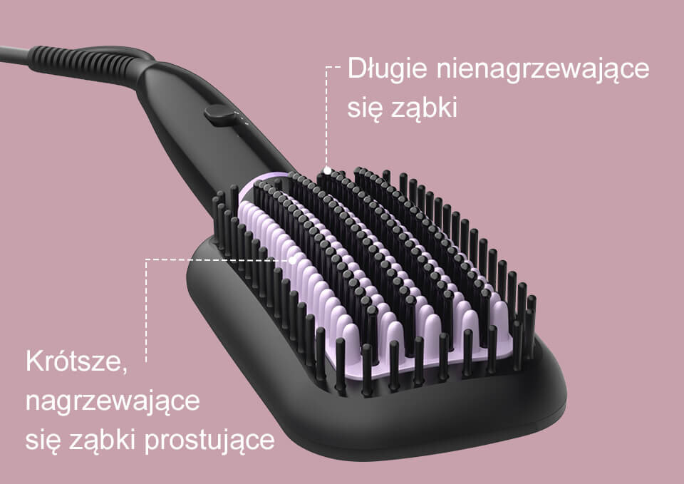 Obraz przedstawia szczotkę prostującą z długimi, nienagrzewającymi się ząbkami oraz krótszymi, nagrzewającymi się ząbkami prostującymi. Tło jest w kolorze różowym, a na szczotce widoczny jest tekst: \'Długie nienagrzewające się ząbki\' oraz \'Krótsze, nagrzewające się ząbki prostujące\'.