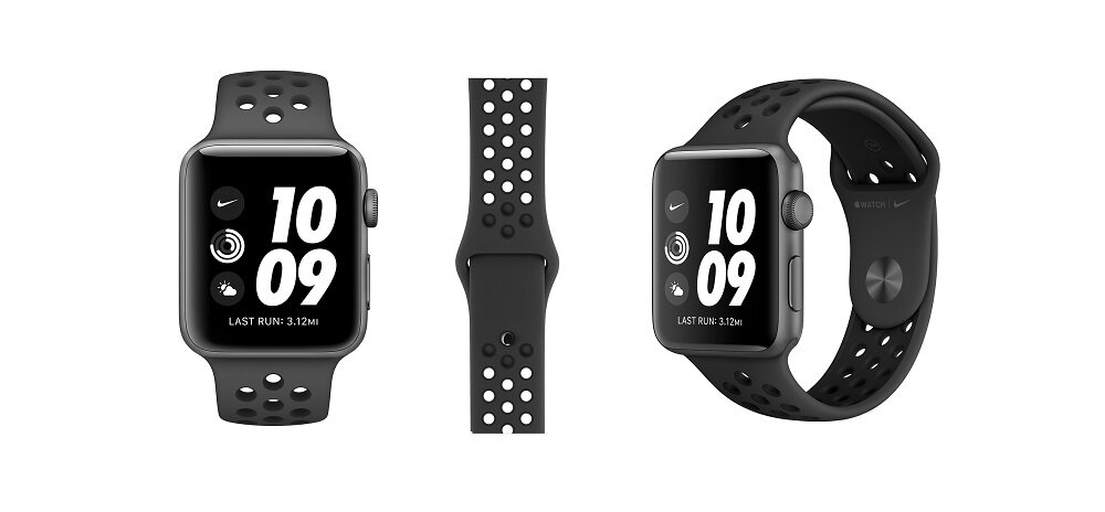 APPLE Watch 3   Nike+ 38mm Gwiezdna szarość  opaska sportowa w kolorze czarnym widok front bok skos pasek czarny