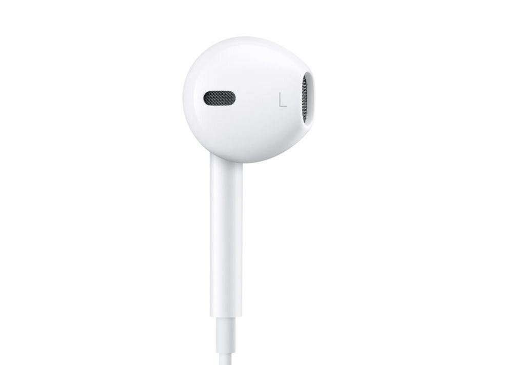 Biała słuchawka douszna z widocznym oznaczeniem \'L\' oraz otworami na głośnik i mikrofon.