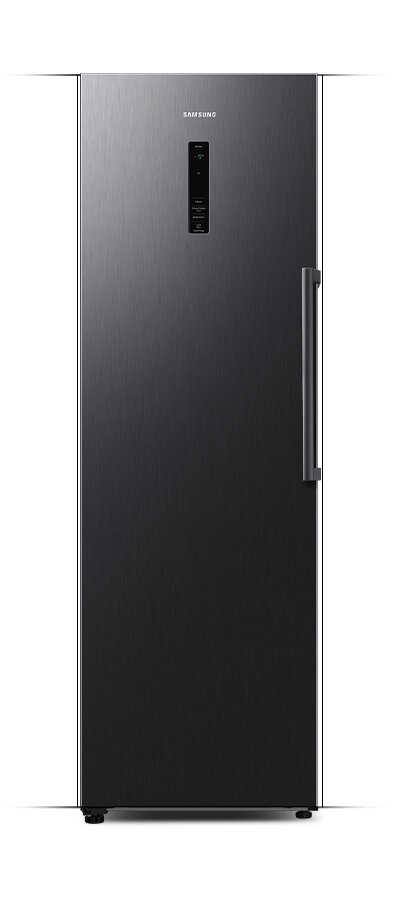 Czarna zamrażarka z pionowym uchwytem i panelem sterowania na drzwiach. Widoczne logo \'SAMSUNG\'.