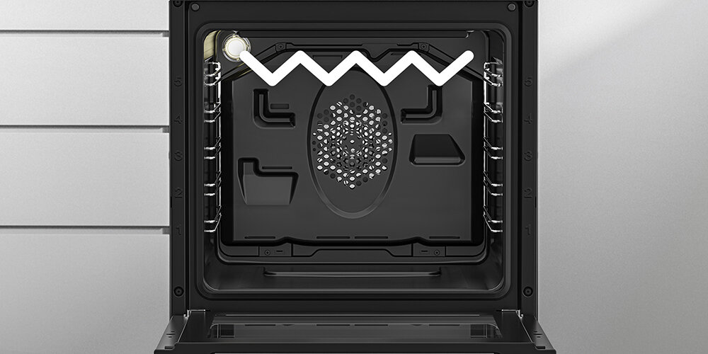 Wnętrze piekarnika z widocznym elementem grzewczym w kształcie zygzaka oraz wentylatorem na tylnej ścianie. Ściany piekarnika są czarne z metalicznymi prowadnicami na blachy.