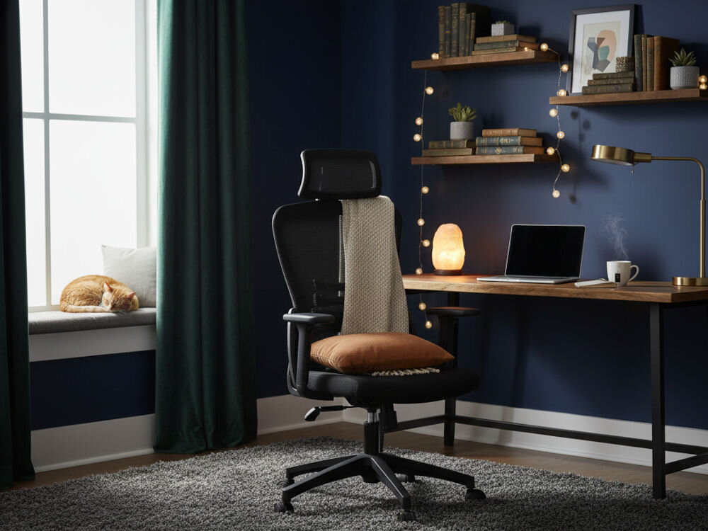 W pokoju z granatowymi ścianami znajduje się czarny fotel biurowy z poduszką i kocem, a obok biurka z laptopem i lampką stoi półka z książkami i dekoracjami. Na parapecie leży śpiący kot.