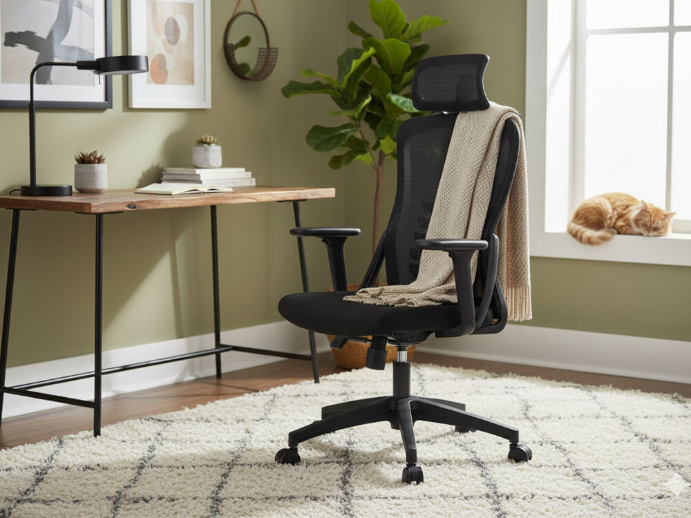 Czarny fotel biurowy z wysokim oparciem i zagłówkiem stoi na dywanie w jasnym pokoju. Na fotelu leży beżowy koc, a w tle widać biurko z lampką i roślinę w doniczce.
