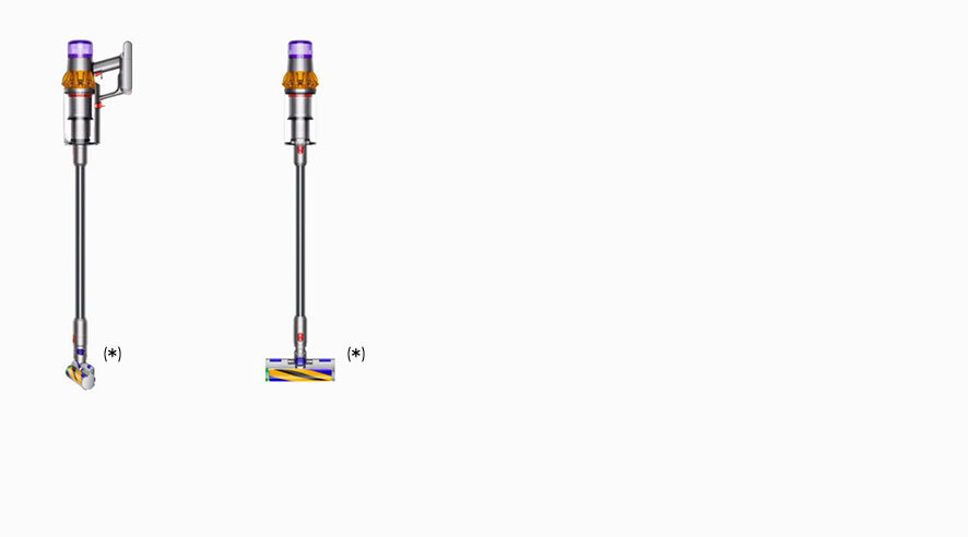 Obraz przedstawia dwa odkurzacze pionowe z przezroczystymi elementami w kolorze fioletowym i pomarańczowym. Jeden z nich ma zamontowaną szczotkę z kolorowymi paskami.