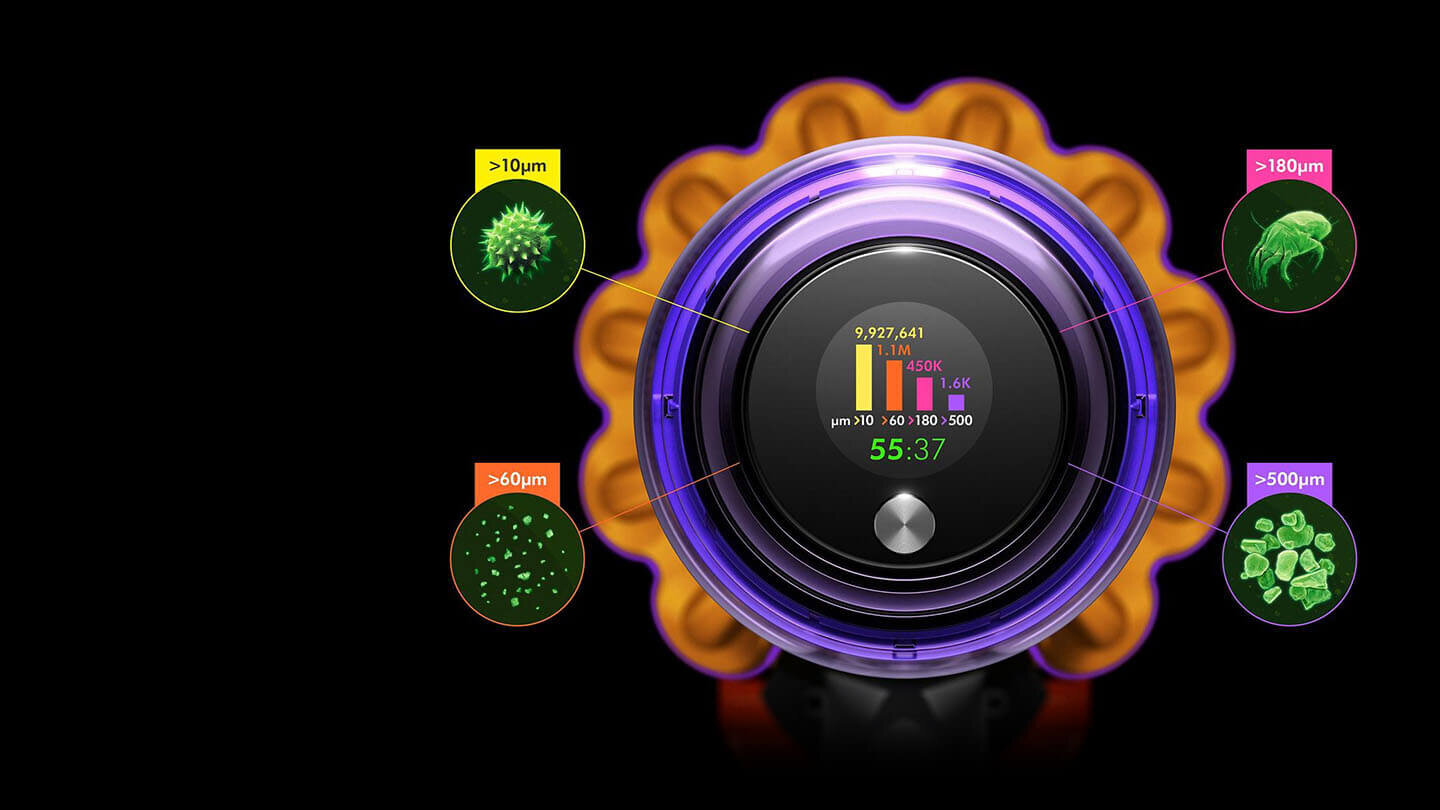 Obraz przedstawia wyświetlacz z kolorowymi paskami i liczbami, wskazujący różne wartości w mikrometrach (>10μm, >60μm, >180μm, >500μm). W tle widoczne są kolorowe ilustracje mikroorganizmów.