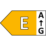 Etykieta energetyczna z klasą efektywności E na żółtym tle, z oznaczeniami od A do G po prawej stronie.