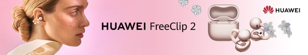 Słuchawki powietrzne HUAWEI FreeClip 2 – osoba z założonymi słuchawkami powietrznymi na różowym tle, słuchawki wraz z etui ładującym i biżuterią