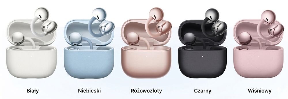 Słuchawki powietrzne HUAWEI FreeClip 2 – Obraz przedstawia pięć par słuchawek bezprzewodowych w etui ładującym w kolorach: białym, niebieskim, różowozłotym, wiśniowym i czarnym. Pod każdym etui znajduje się odpowiedni opis koloru: Biały, Niebieski, Różowozłoty, Czarny.