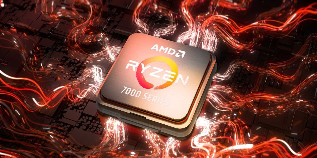 Obraz przedstawia procesor z widocznym logo AMD i napisem \'RYZEN 7000 SERIES\'. Procesor otoczony jest dynamicznymi, czerwonymi liniami przypominającymi przepływ energii.