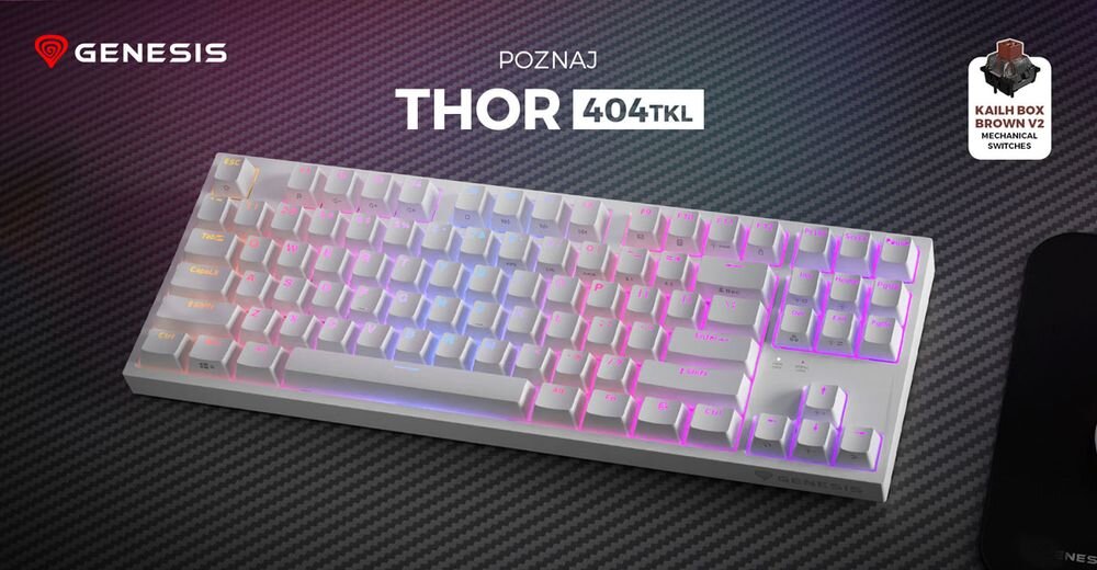 Na obrazie widoczna jest biała klawiatura z podświetleniem RGB, obok której znajduje się tekst: \'GENESIS POZNAJ THOR 404TKL\'. W prawym górnym rogu widnieje logo z napisem \'KAILH BOX BROWN V2 MECHANICAL SWITCHES\'.