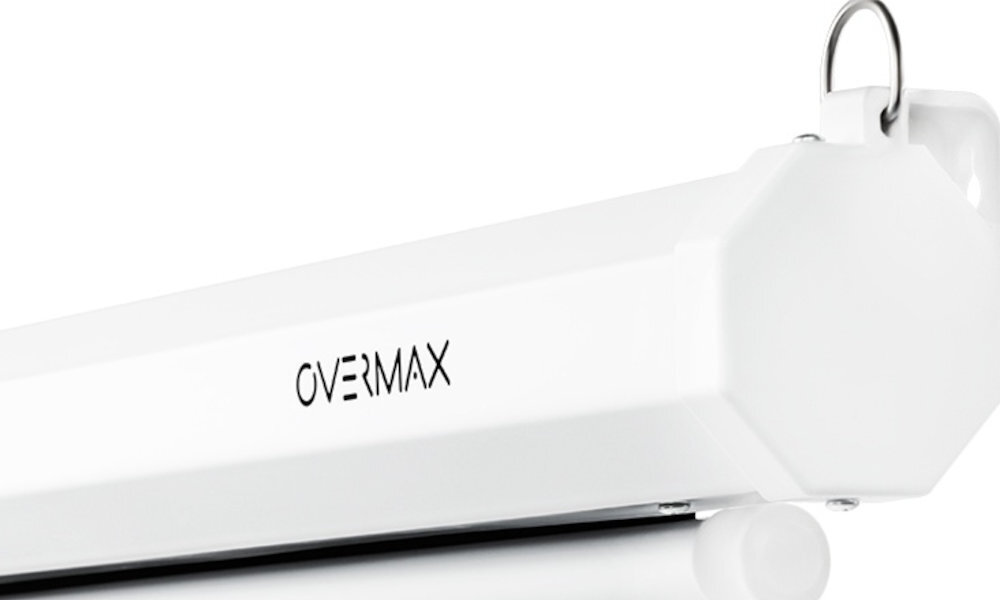 Biały mechanizm ekranu projekcyjnego z widocznym logo \'OVERMAX\'.
