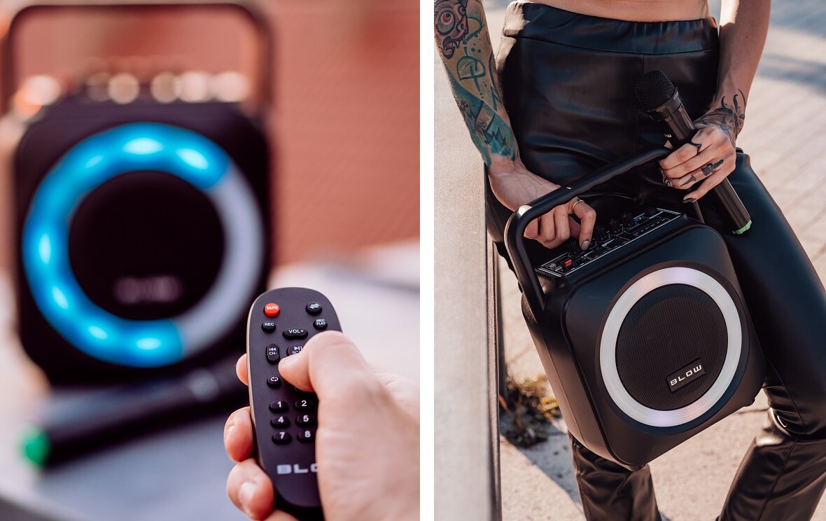 Głośnik mobilny BLOW BT-800 Czarny Dźwięk wymiary zasilanie wygląd Nowoczesny design Efekty świetlne Bluetooth Funkcja karaoke