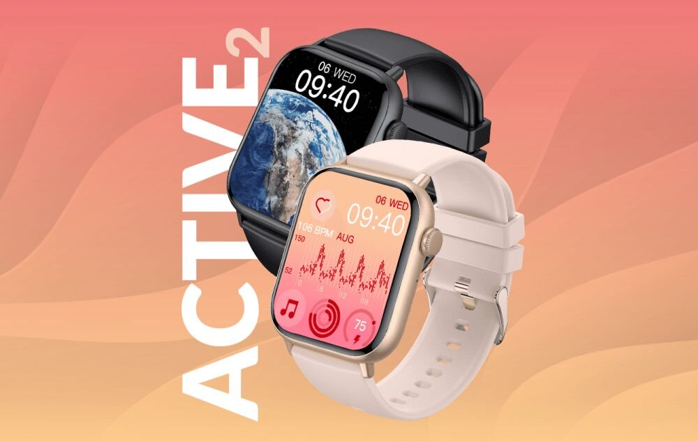 Dwa smartwatche z wyświetlaczami pokazującymi godzinę 09:40 i datę 06 WED. Jeden zegarek jest czarny z motywem Ziemi, a drugi biały z motywem zdrowotnym i ikonami serca oraz muzyki.