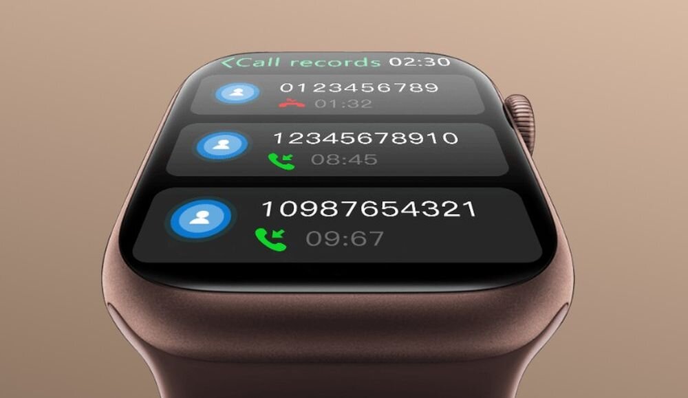 Smartwatch z wyświetlaczem pokazującym historię połączeń z numerami telefonów i czasem trwania rozmów. Na ekranie widoczne są ikony połączeń przychodzących i nieodebranych.