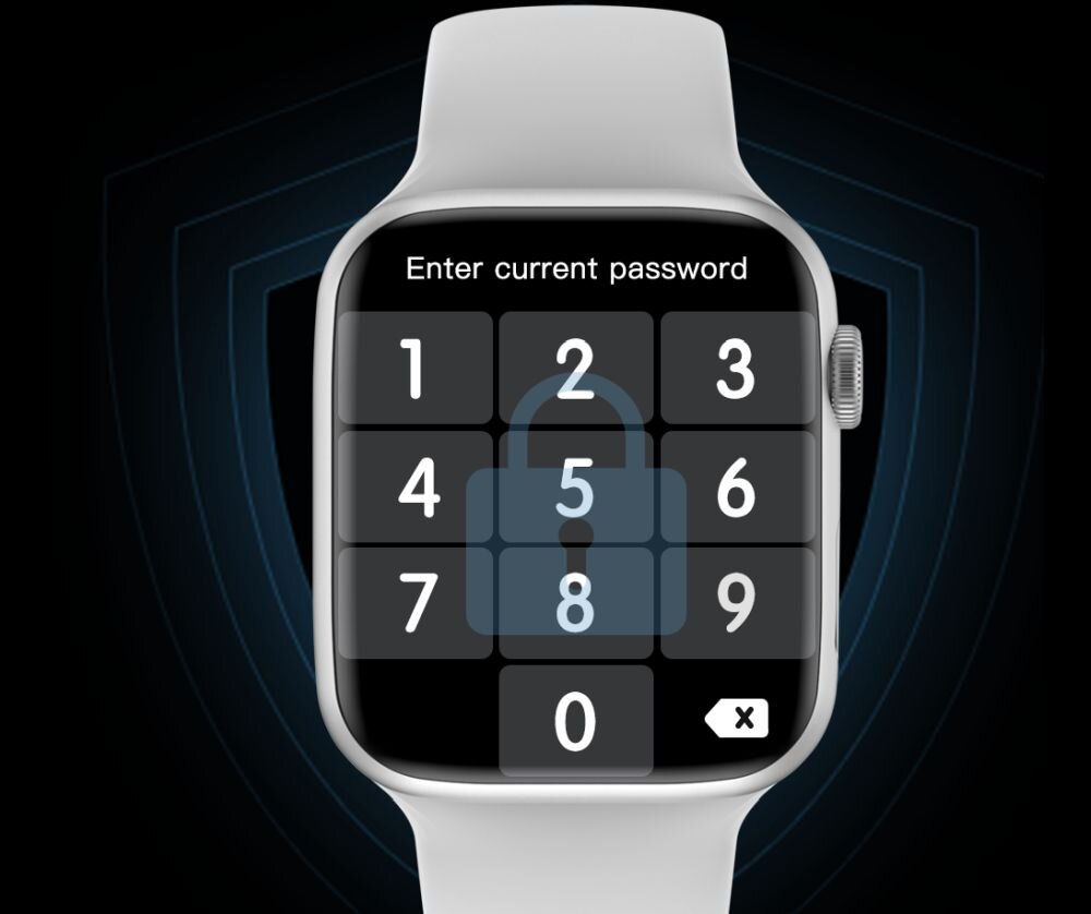 Smartwatch z wyświetlaczem pokazującym klawiaturę numeryczną i tekst \'Enter current password\'. Na ekranie widoczna jest ikona kłódki.