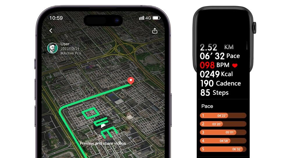 Na obrazie widoczny jest ekran smartfona z mapą i trasą oznaczoną zieloną linią oraz ekran smartwatcha z danymi dotyczącymi aktywności fizycznej, takimi jak dystans, tempo, tętno, kalorie, kadencja i liczba kroków.