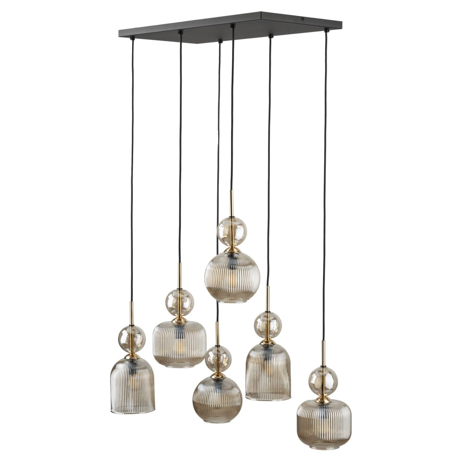 Lampa wisząca z sześcioma szklanymi kloszami w kolorze koniakowym, zawieszona na czarnym metalowym stelażu z regulacją wysokości.