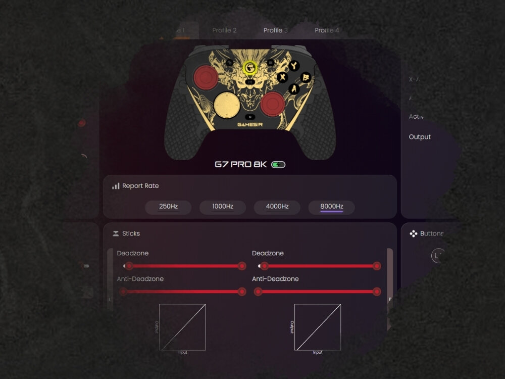 Na obrazie widoczny jest kontroler z czarno-złotym wzorem i napisem \'GAMESIR G7 PRO 8K\'. Poniżej znajdują się ustawienia częstotliwości odświeżania oraz suwaki do regulacji stref martwych i anty-stref martwych.