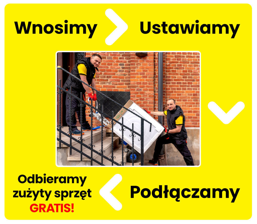 Dwóch mężczyzn wnosi pralkę po schodach na zewnątrz budynku z cegły. Na żółtym tle widnieje tekst: \'Wnosimy > Ustawiamy\', \'Odbieramy zużyty sprzęt GRATIS!\', \'Podłączamy\'.