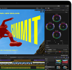 Ekran laptopa wyświetla program do edycji wideo z kolorowymi wykresami i dużym napisem \'SUMMIT\'.