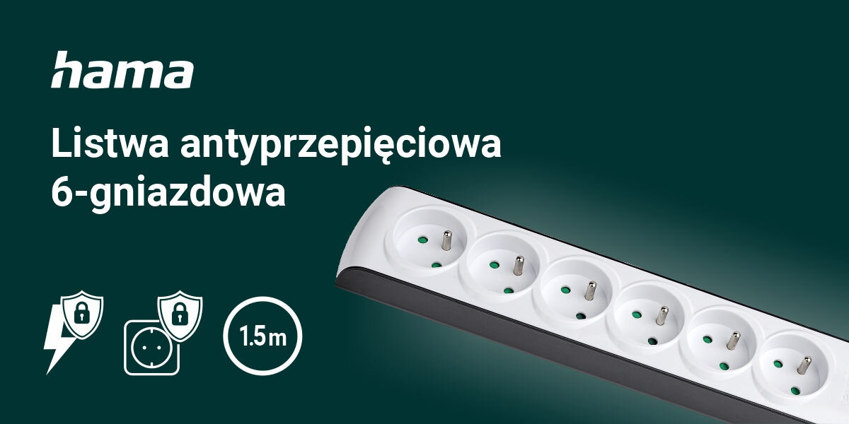 Obraz przedstawia białą listwę antyprzepięciową z sześcioma gniazdami. Widoczny jest tekst: \'hama Listwa antyprzepięciowa 6-gniazdowa\' oraz ikony z symbolem ochrony i długością 1.5m.