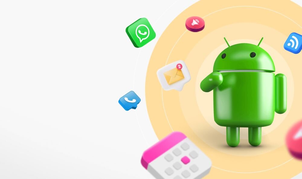 Zielona maskotka Androida stoi na tle żółtych okręgów, otoczona ikonami aplikacji, takimi jak WhatsApp, wiadomości i kalendarz.