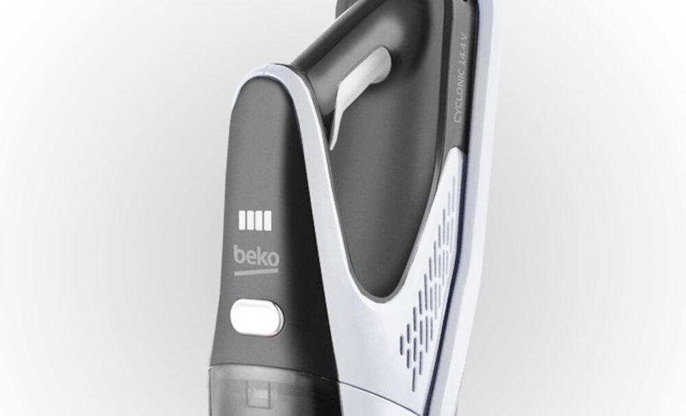 Na obrazie widoczny jest odkurzacz ręczny w kolorze czarno-białym z logo \'beko\' oraz napisem \'CYCLONIC 4.2 V\'.
