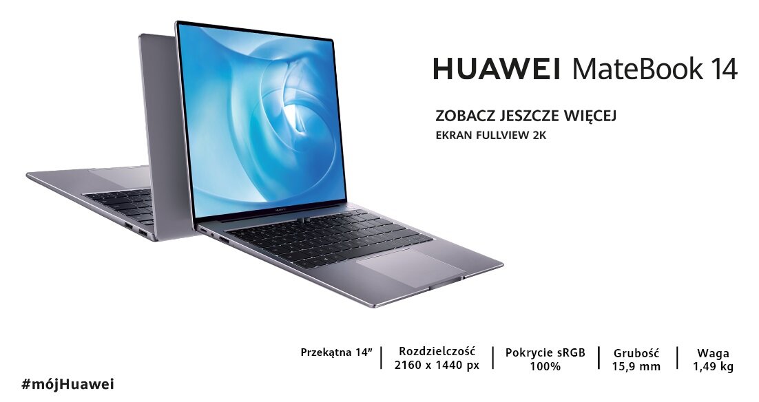 Obraz przedstawia dwa laptopy z otwartymi ekranami, na których widoczny jest niebieski motyw graficzny. Obok znajduje się tekst: \'HUAWEI MateBook 14\', \'ZOBACZ JESZCZE WIĘCEJ\', \'EKRAN FULLVIEW 2K\', oraz specyfikacje: \'Przekątna 14\