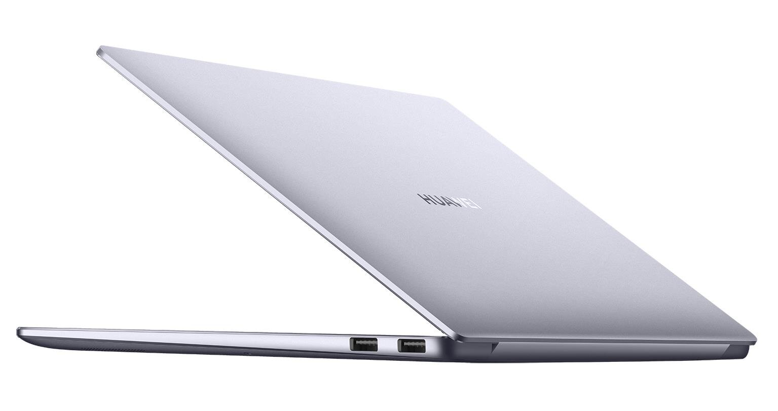 Srebrny laptop z logo \'HUAWEI\' na pokrywie, widoczny z boku w pozycji półotwartej. Na krawędzi znajdują się dwa porty USB.
