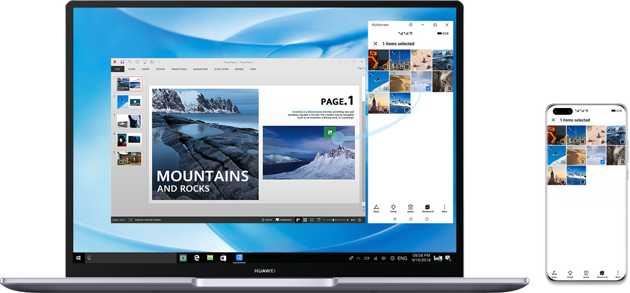 Na obrazie widoczny jest laptop z otwartym ekranem, na którym wyświetlana jest prezentacja z tekstem \'MOUNTAINS AND ROCKS\' oraz \'PAGE.1\'. Obok laptopa znajduje się smartfon z wyświetlonymi miniaturami zdjęć i tekstem \'1 items selected\'.