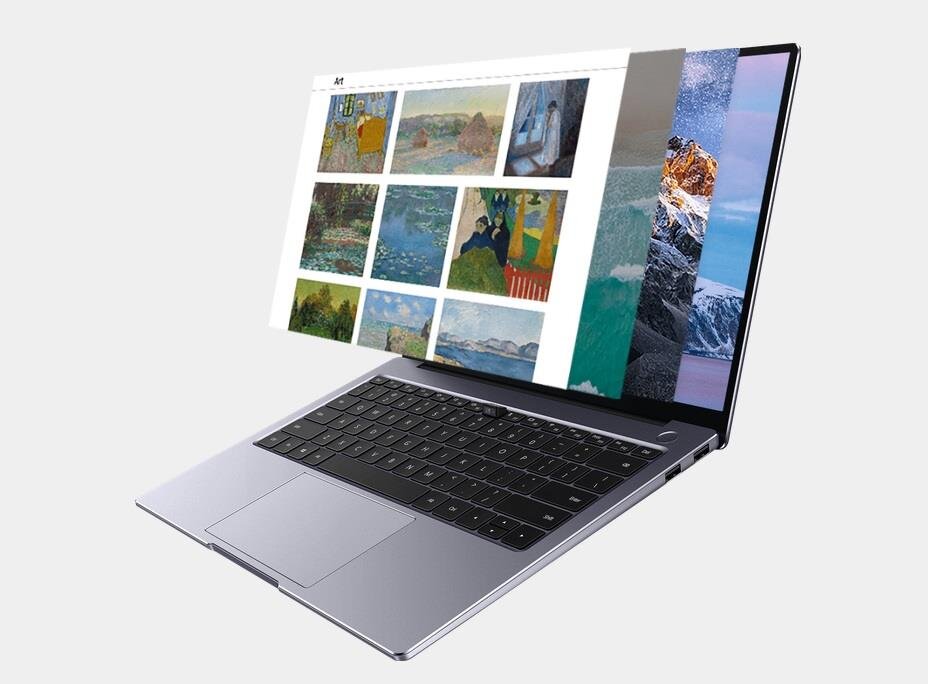 Laptop z otwartym ekranem, na którym wyświetlane są miniatury obrazów. Klawiatura jest czarna, a obudowa srebrna.