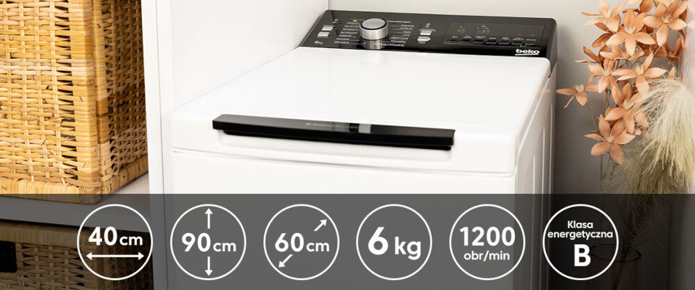 Pralka BEKO z widocznym panelem sterowania i uchwytem na górze, otoczona dekoracyjnymi elementami. Na dole obrazu znajdują się ikony z informacjami: 40 cm, 90 cm, 60 cm, 6 kg, 1200 obr/min, Klasa energetyczna B.