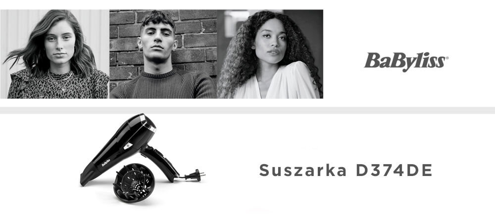 Obraz przedstawia trzy czarno-białe portrety osób oraz suszarkę do włosów z dyfuzorem. Widoczny jest tekst: \'BaByliss\' oraz \'Suszarka D374DE\'.
