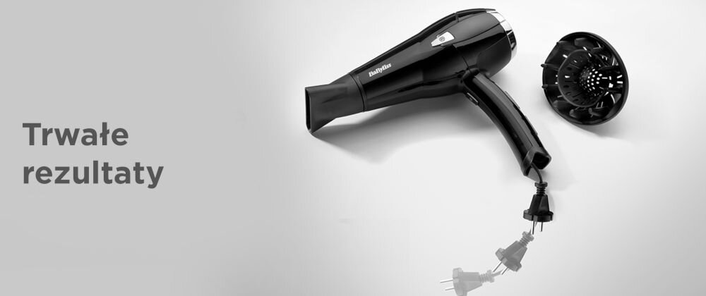 Czarna suszarka do włosów z logo \'Babyliss\' oraz dyfuzorem obok. Po lewej stronie widoczny jest tekst: \'Trwałe rezultaty\'.