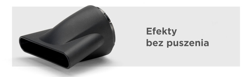 Na obrazie widoczna jest czarna nasadka do suszarki. Obok znajduje się tekst: \'Efekty bez puszenia\'.